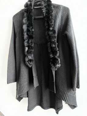 Fever Black Open-Front Sweater Cardigan with Faux Fur Trim